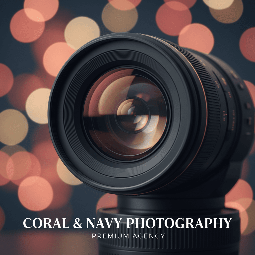 Camera lens with coral and navy light reflections