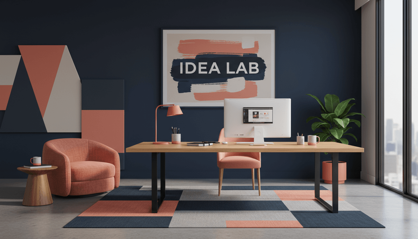 Modern creative workspace with navy wall and coral accents
