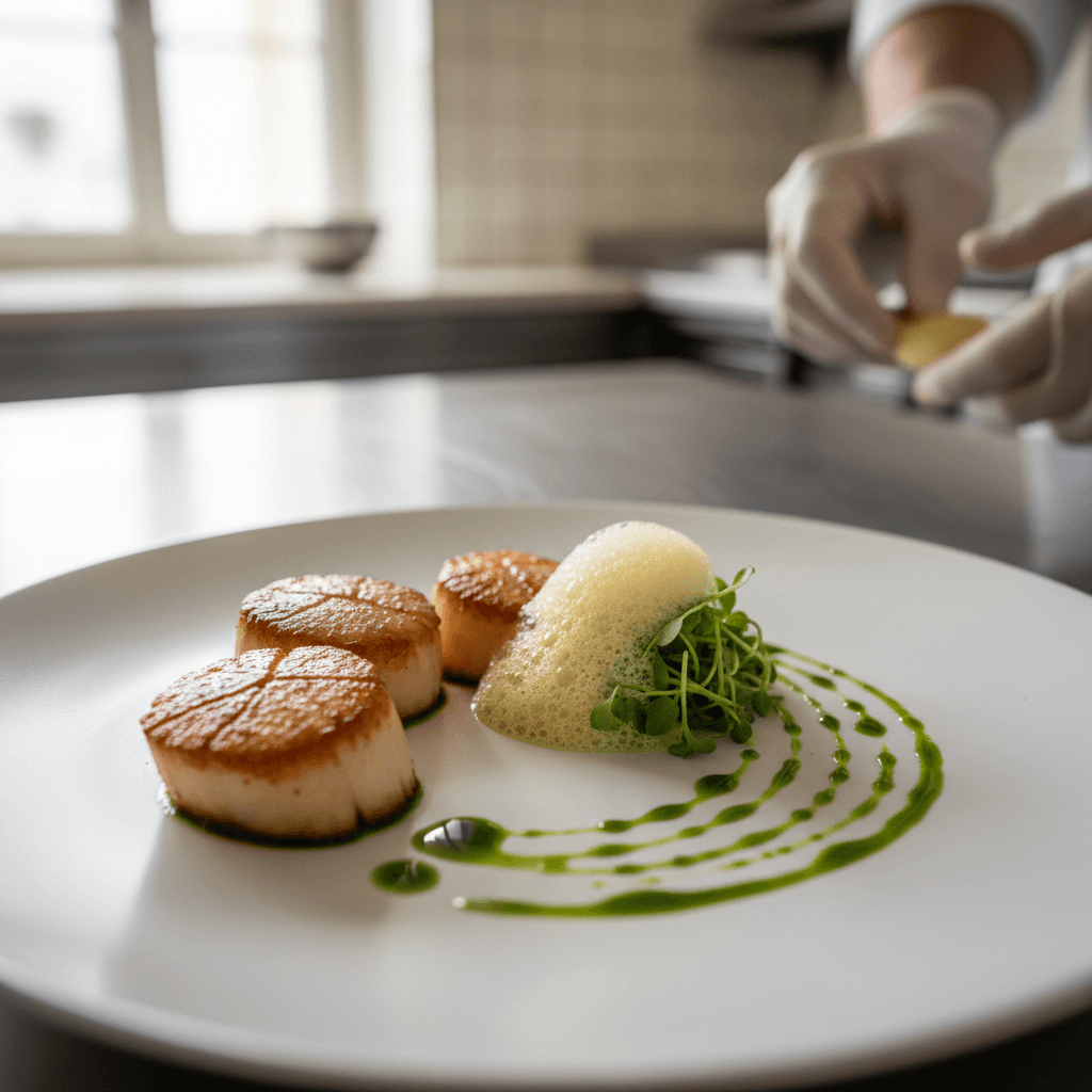 steaming gourmet dish with glossy sauce styled for a menu shoot