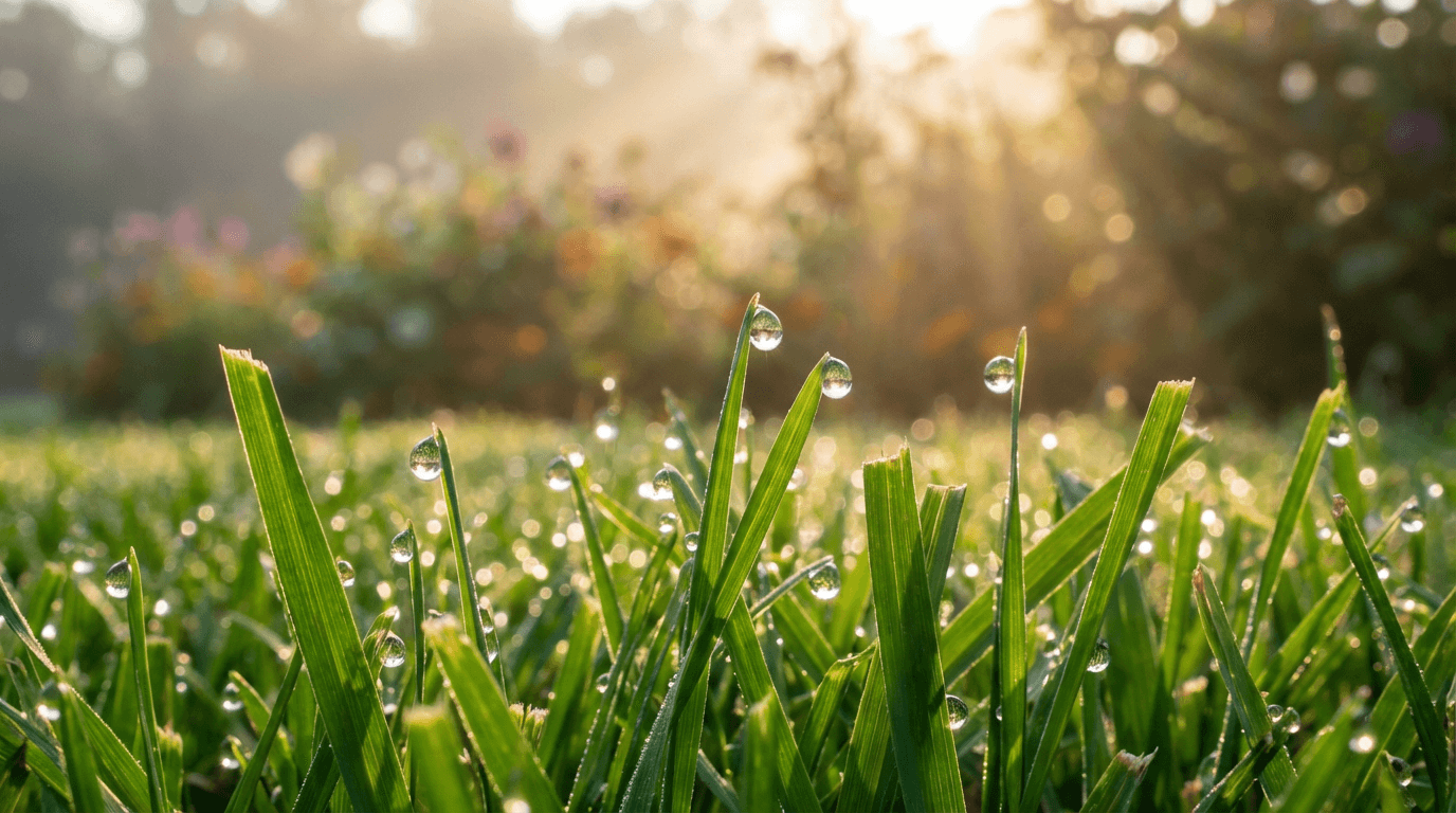 macro detail of dew drops on a green leaf with soft background blur