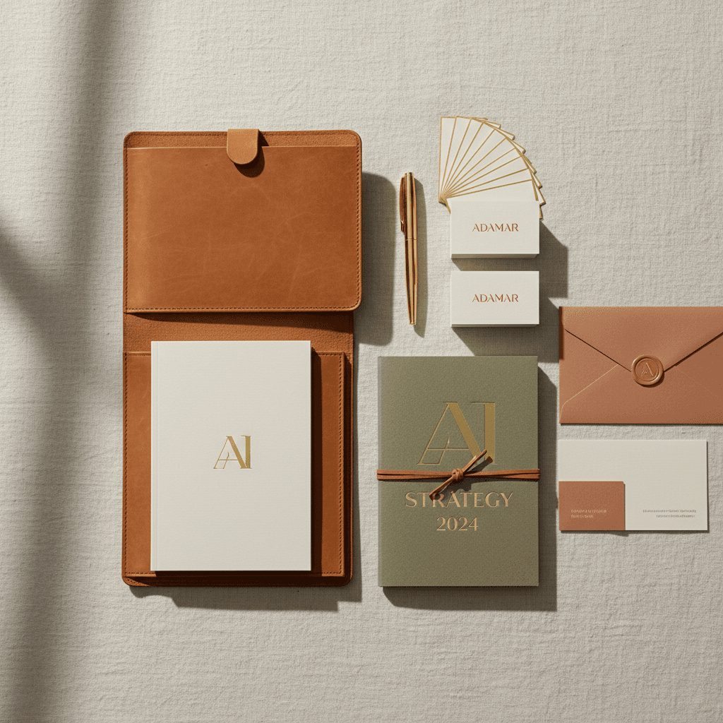 Branding materials arranged on clean white surface