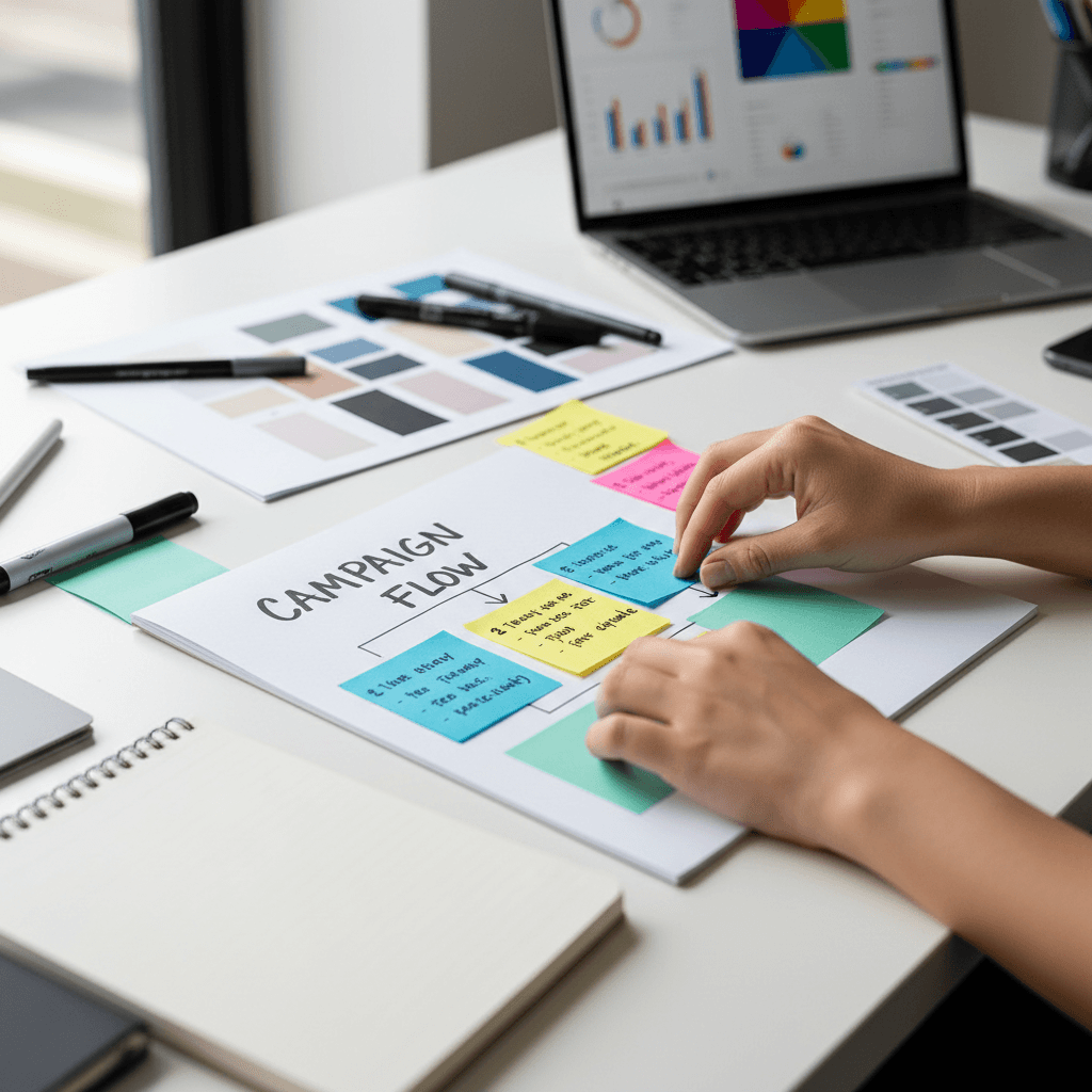 Professional presenting brand strategy on whiteboard with sticky notes