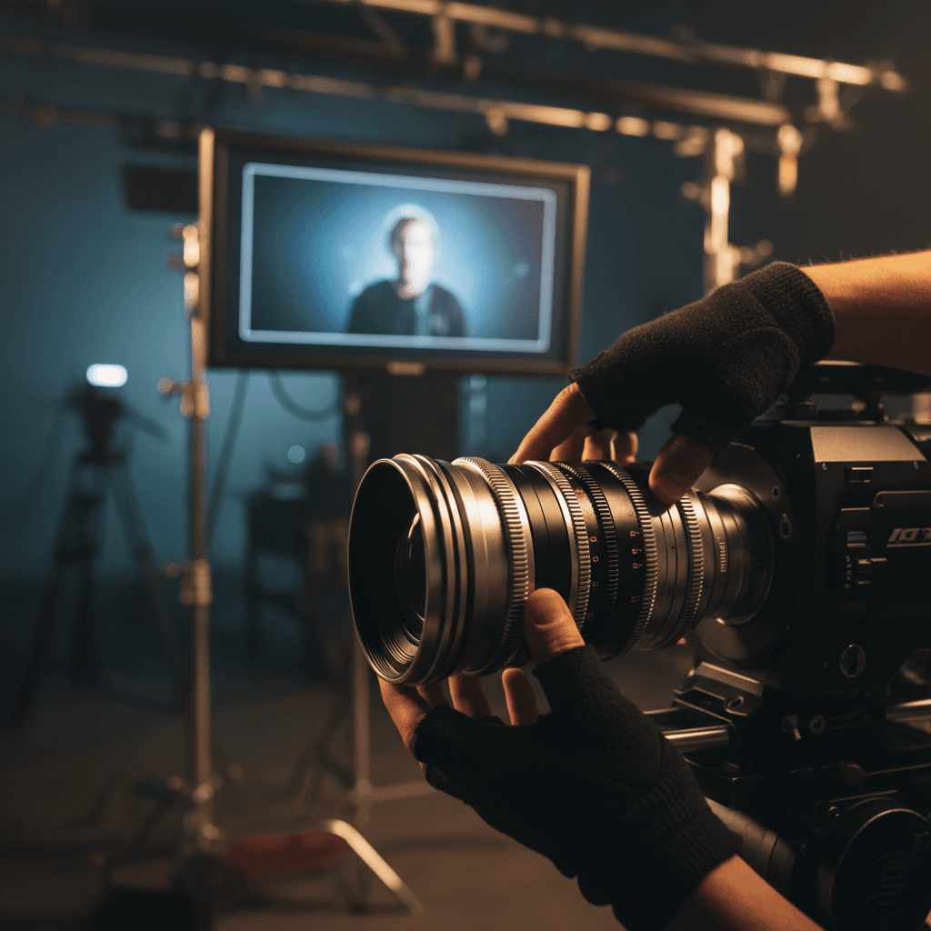 Close up of camera lens reflecting studio lights