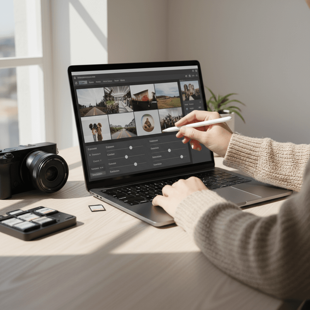 Professional photographer editing images on a laptop in a modern studio setting