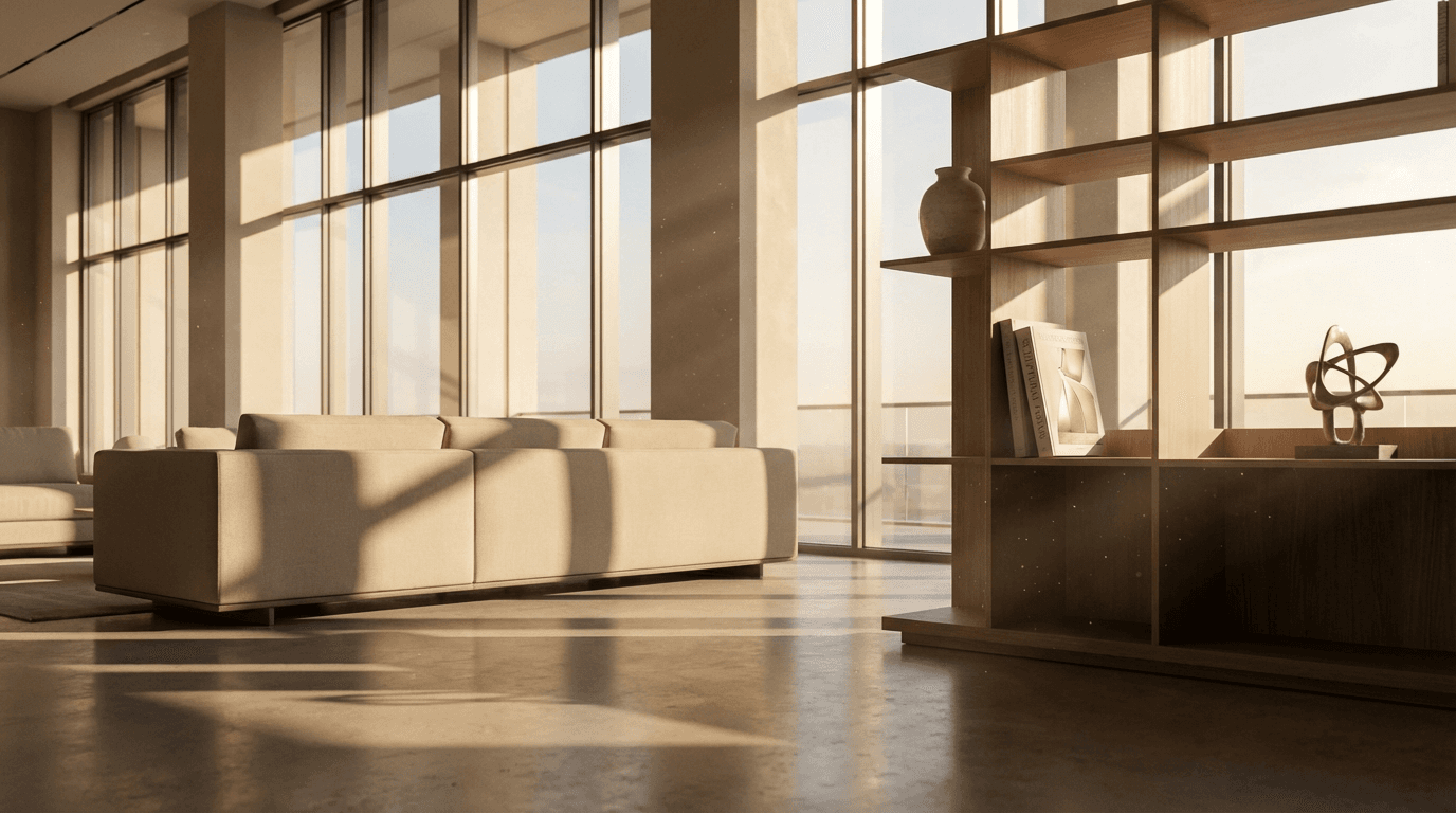 natural light casting shadows on a concrete wall beside a leather chair