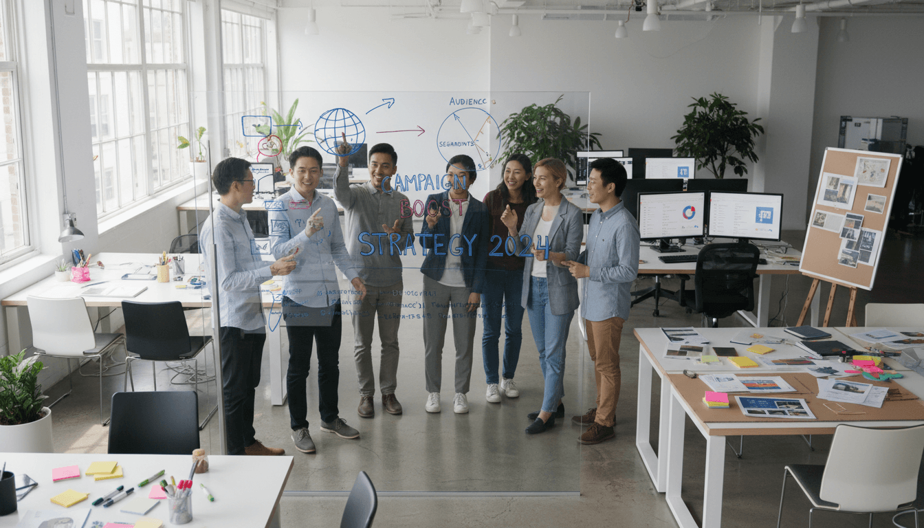 Marketing professionals collaborating on a brand campaign strategy