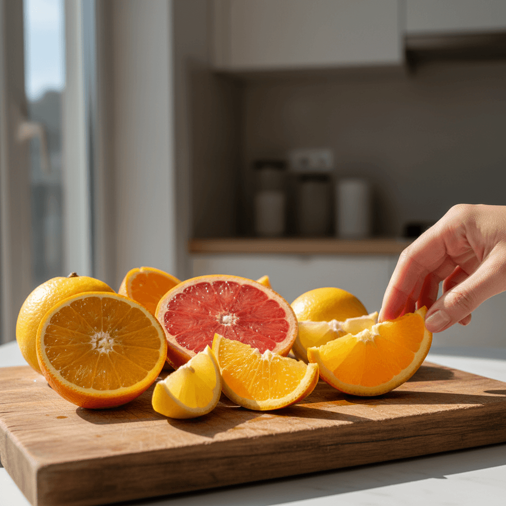 Hands arranging fruit on linen