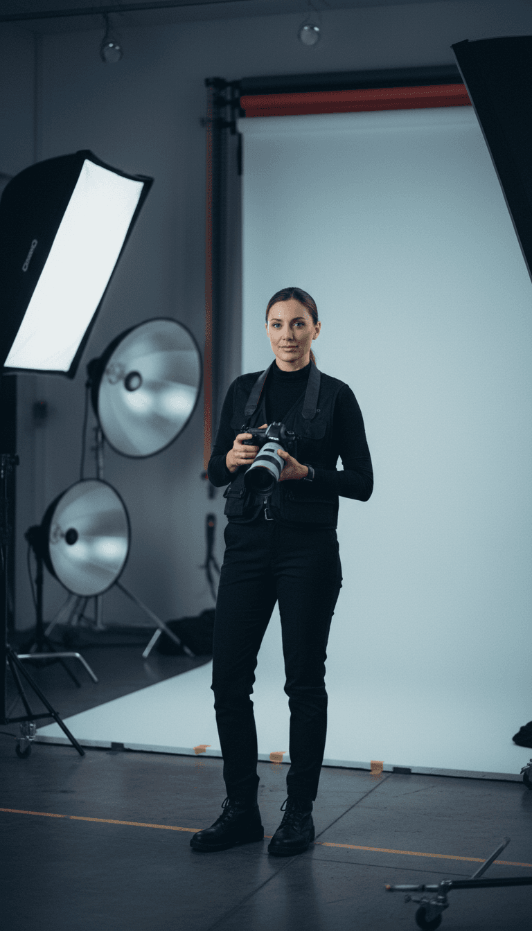 Photographer at work in a clean studio with natural light