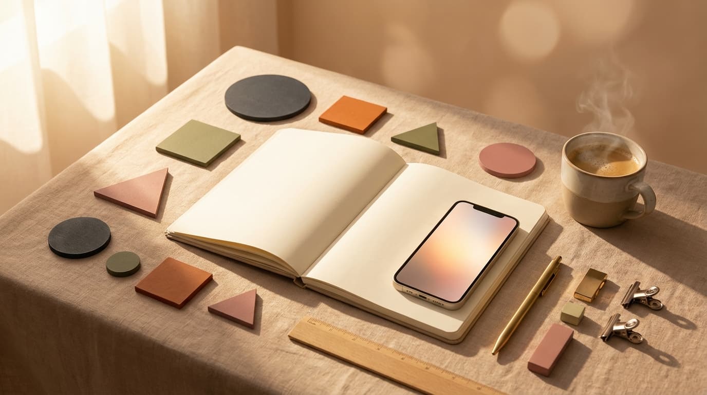 Coffee cup and notebook flat lay