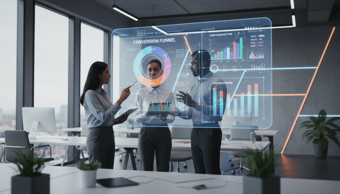 Marketing team strategising with charts and analytics on screen