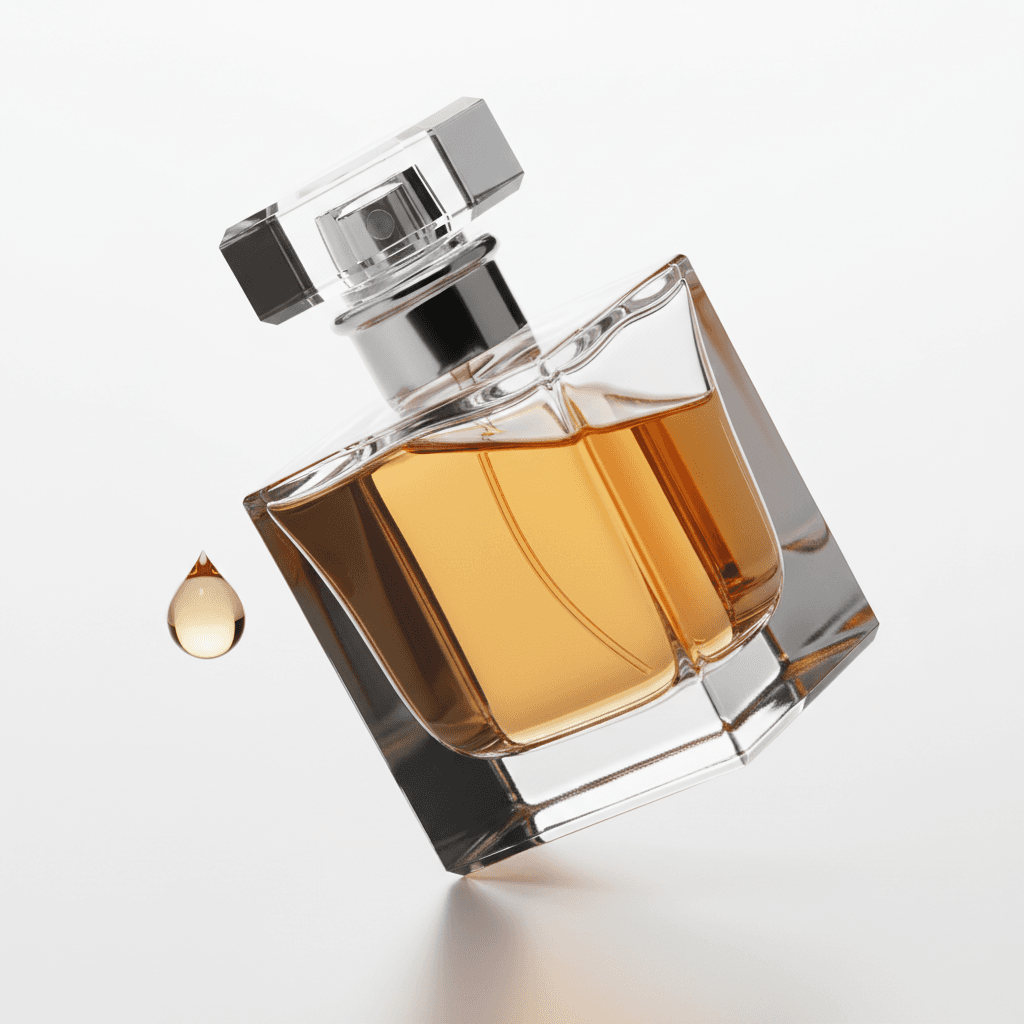 perfume bottle with condensation droplets styled on a minimalist surface